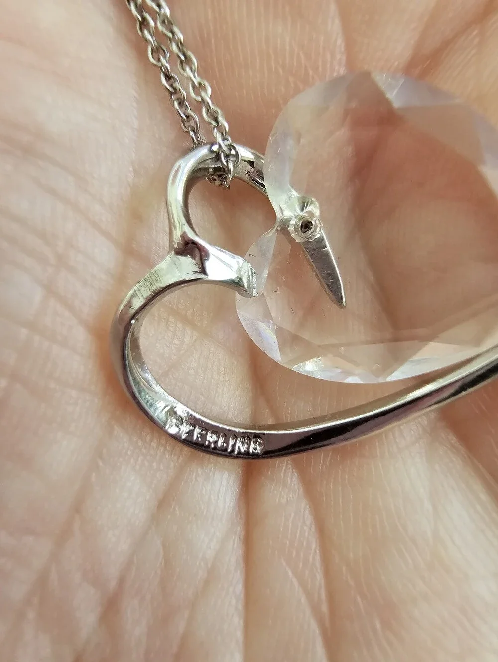Vintage Italian Sterling Silver Clear Faceted Glass Heart Pendant Necklace, 925